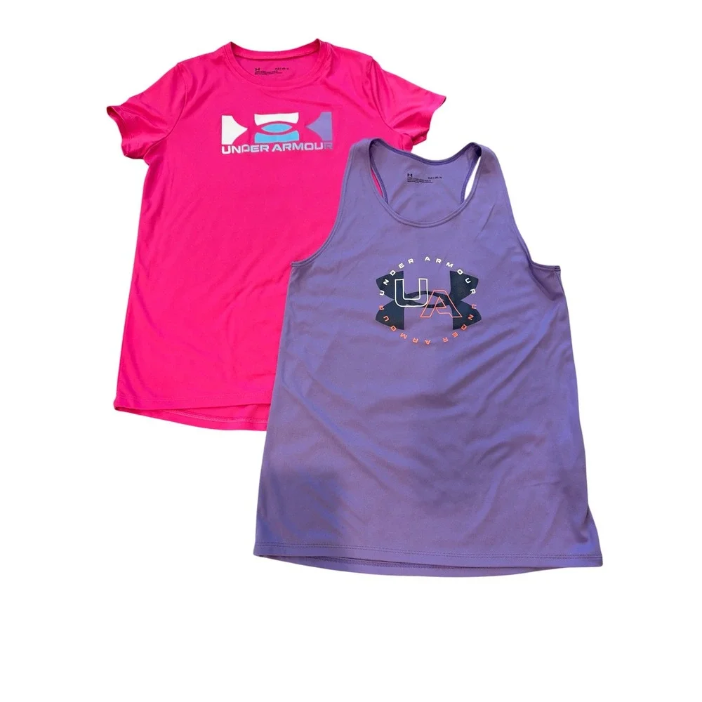 *Bundle 2 Tops* Under Armour Girls Active Tee & Tank Size Youth L Pink Purple